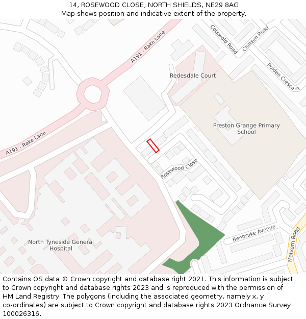 14, ROSEWOOD CLOSE, NORTH SHIELDS, NE29 8AG: Location map and indicative extent of plot