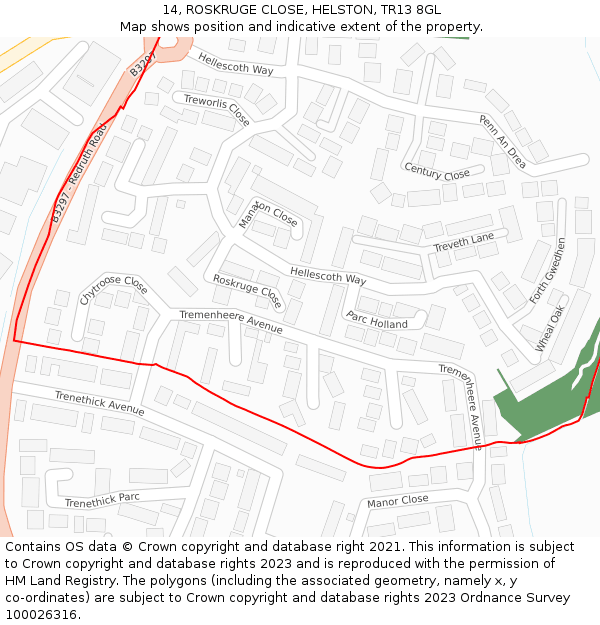 14, ROSKRUGE CLOSE, HELSTON, TR13 8GL: Location map and indicative extent of plot
