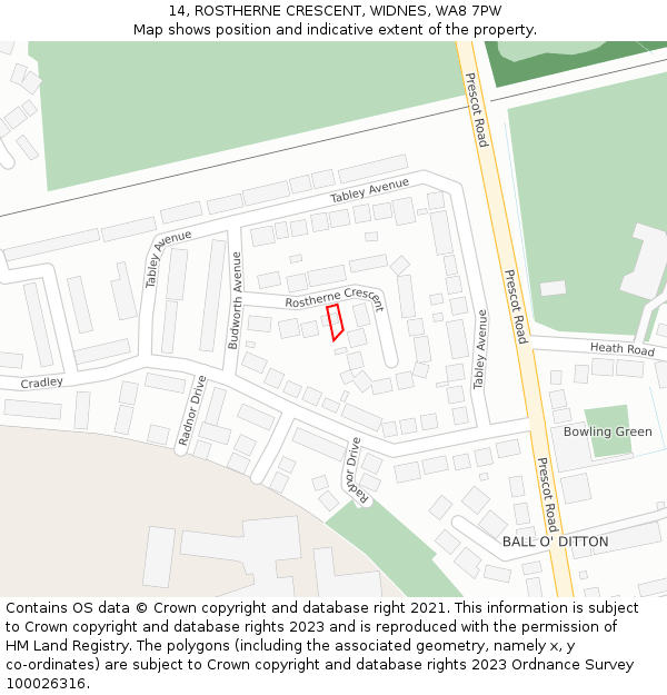 14, ROSTHERNE CRESCENT, WIDNES, WA8 7PW: Location map and indicative extent of plot