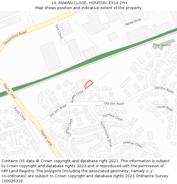 14, ROWAN CLOSE, HONITON, EX14 2YH: Location map and indicative extent of plot