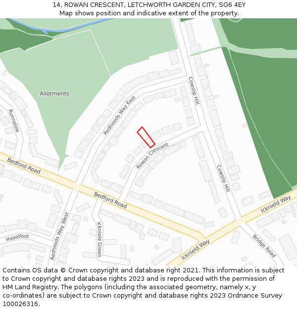 14, ROWAN CRESCENT, LETCHWORTH GARDEN CITY, SG6 4EY: Location map and indicative extent of plot