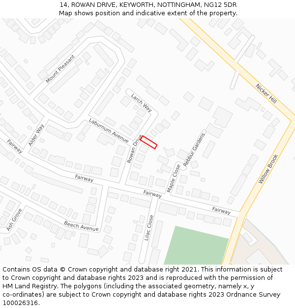 14, ROWAN DRIVE, KEYWORTH, NOTTINGHAM, NG12 5DR: Location map and indicative extent of plot