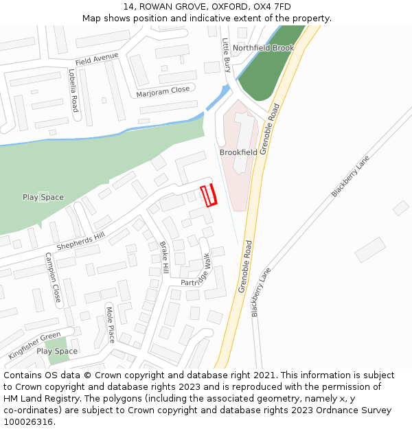 14, ROWAN GROVE, OXFORD, OX4 7FD: Location map and indicative extent of plot