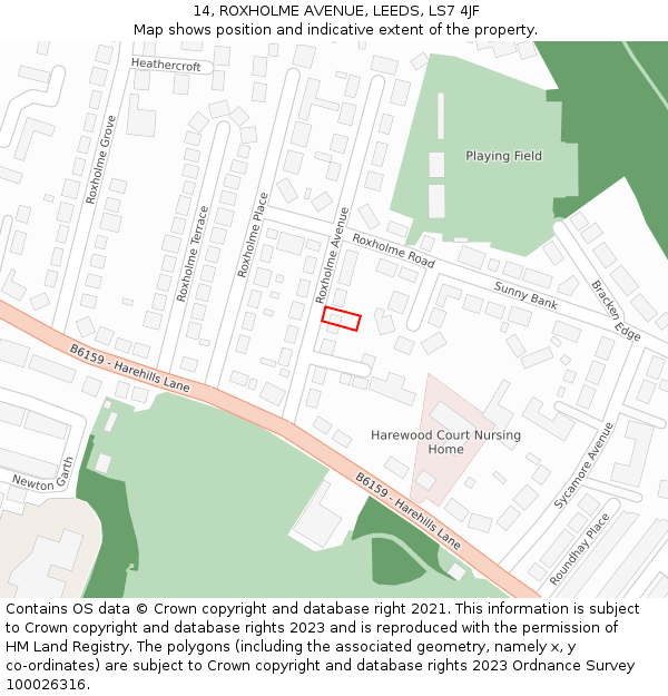 14, ROXHOLME AVENUE, LEEDS, LS7 4JF: Location map and indicative extent of plot