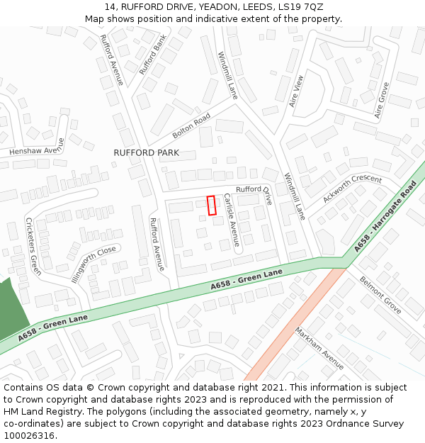 14, RUFFORD DRIVE, YEADON, LEEDS, LS19 7QZ: Location map and indicative extent of plot