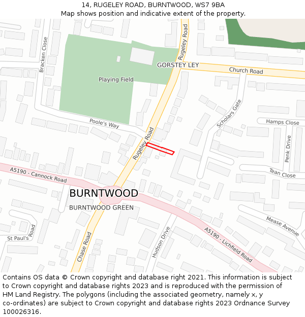 14, RUGELEY ROAD, BURNTWOOD, WS7 9BA: Location map and indicative extent of plot