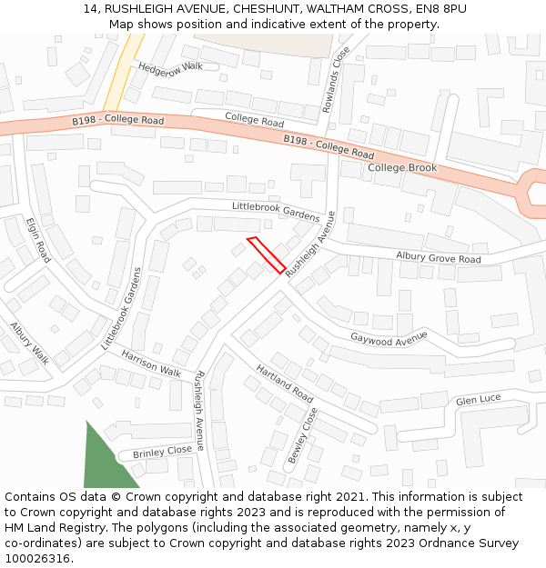 14, RUSHLEIGH AVENUE, CHESHUNT, WALTHAM CROSS, EN8 8PU: Location map and indicative extent of plot