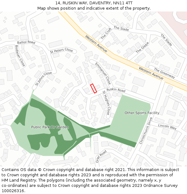 14, RUSKIN WAY, DAVENTRY, NN11 4TT: Location map and indicative extent of plot