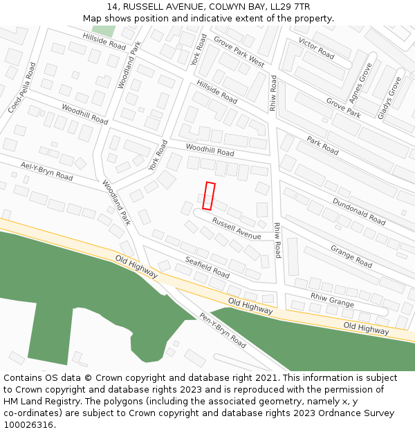 14, RUSSELL AVENUE, COLWYN BAY, LL29 7TR: Location map and indicative extent of plot