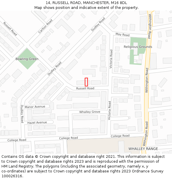 14, RUSSELL ROAD, MANCHESTER, M16 8DL: Location map and indicative extent of plot