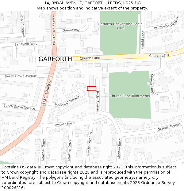 14, RYDAL AVENUE, GARFORTH, LEEDS, LS25 1JG: Location map and indicative extent of plot