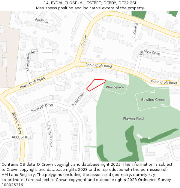 14, RYDAL CLOSE, ALLESTREE, DERBY, DE22 2SL: Location map and indicative extent of plot