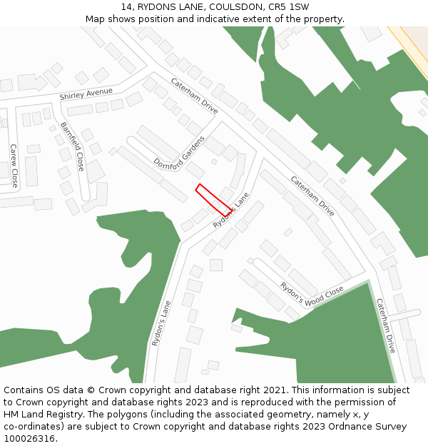 14, RYDONS LANE, COULSDON, CR5 1SW: Location map and indicative extent of plot