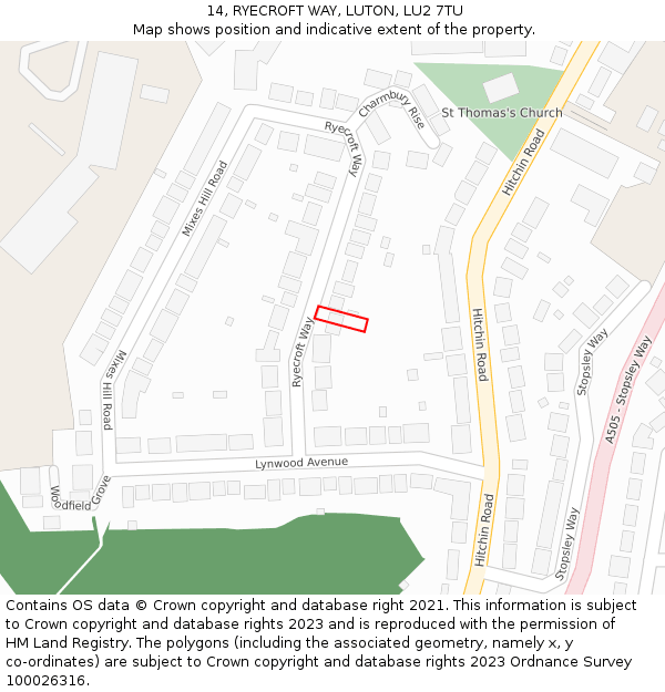 14, RYECROFT WAY, LUTON, LU2 7TU: Location map and indicative extent of plot