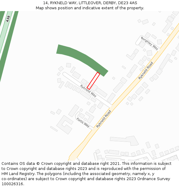 14, RYKNELD WAY, LITTLEOVER, DERBY, DE23 4AS: Location map and indicative extent of plot