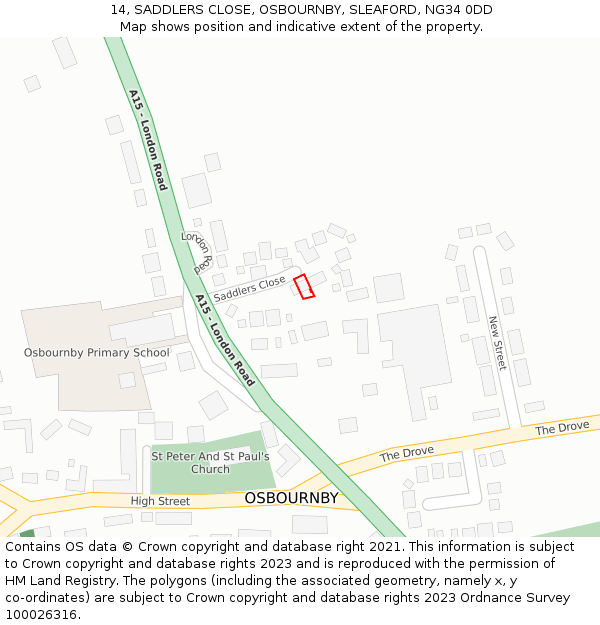 14, SADDLERS CLOSE, OSBOURNBY, SLEAFORD, NG34 0DD: Location map and indicative extent of plot