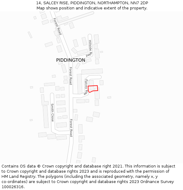 14, SALCEY RISE, PIDDINGTON, NORTHAMPTON, NN7 2DP: Location map and indicative extent of plot
