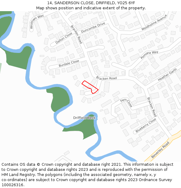 14, SANDERSON CLOSE, DRIFFIELD, YO25 6YF: Location map and indicative extent of plot