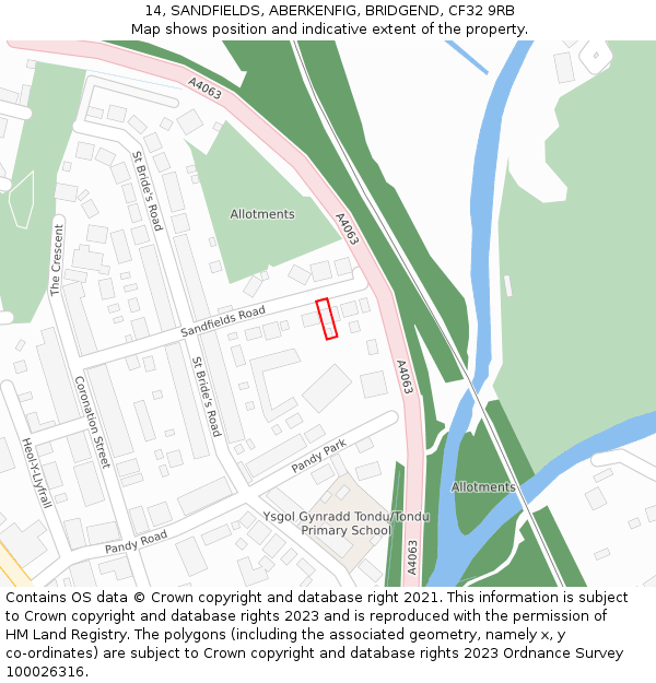 14, SANDFIELDS, ABERKENFIG, BRIDGEND, CF32 9RB: Location map and indicative extent of plot