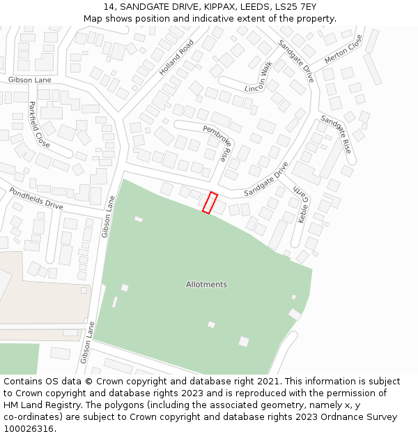 14, SANDGATE DRIVE, KIPPAX, LEEDS, LS25 7EY: Location map and indicative extent of plot