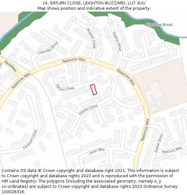 14, SATURN CLOSE, LEIGHTON BUZZARD, LU7 3UU: Location map and indicative extent of plot