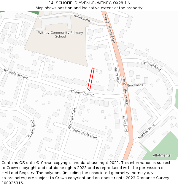 14, SCHOFIELD AVENUE, WITNEY, OX28 1JN: Location map and indicative extent of plot