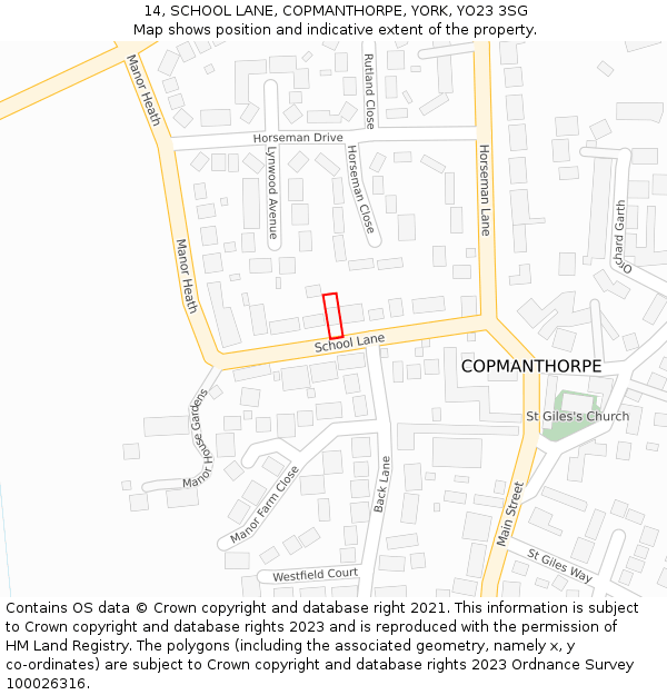 14, SCHOOL LANE, COPMANTHORPE, YORK, YO23 3SG: Location map and indicative extent of plot