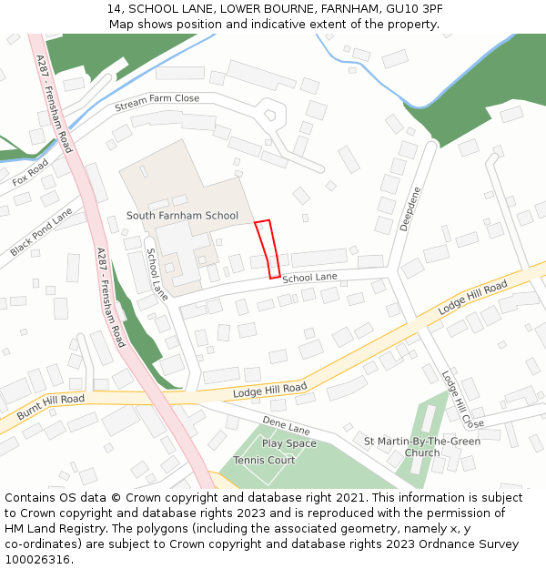 14, SCHOOL LANE, LOWER BOURNE, FARNHAM, GU10 3PF: Location map and indicative extent of plot