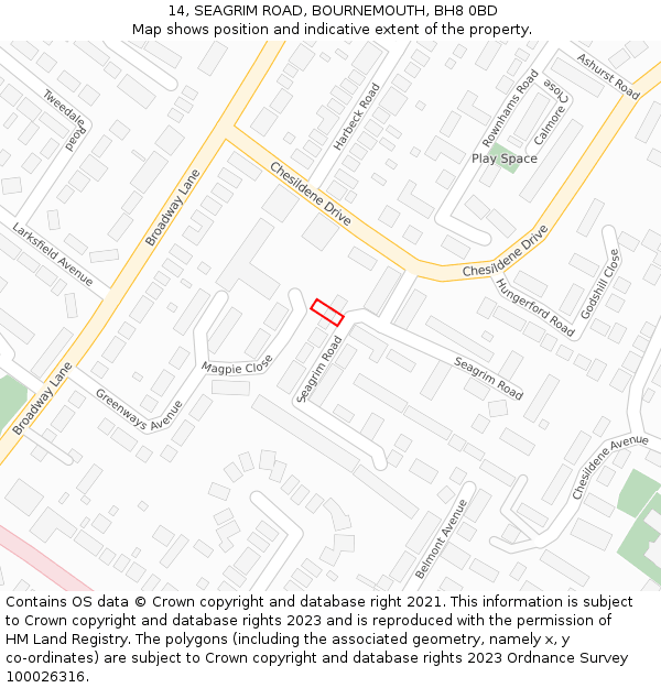 14, SEAGRIM ROAD, BOURNEMOUTH, BH8 0BD: Location map and indicative extent of plot