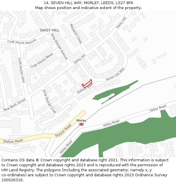 14, SEVEN HILL WAY, MORLEY, LEEDS, LS27 8FA: Location map and indicative extent of plot