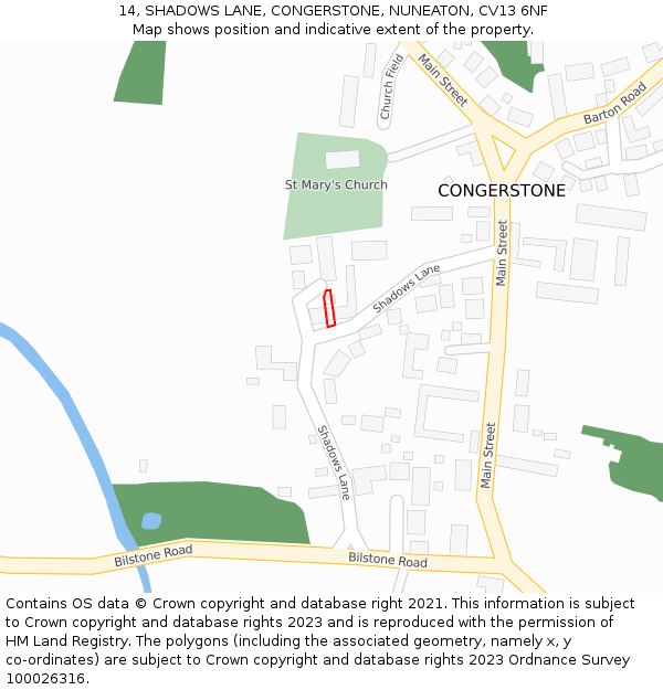 14, SHADOWS LANE, CONGERSTONE, NUNEATON, CV13 6NF: Location map and indicative extent of plot