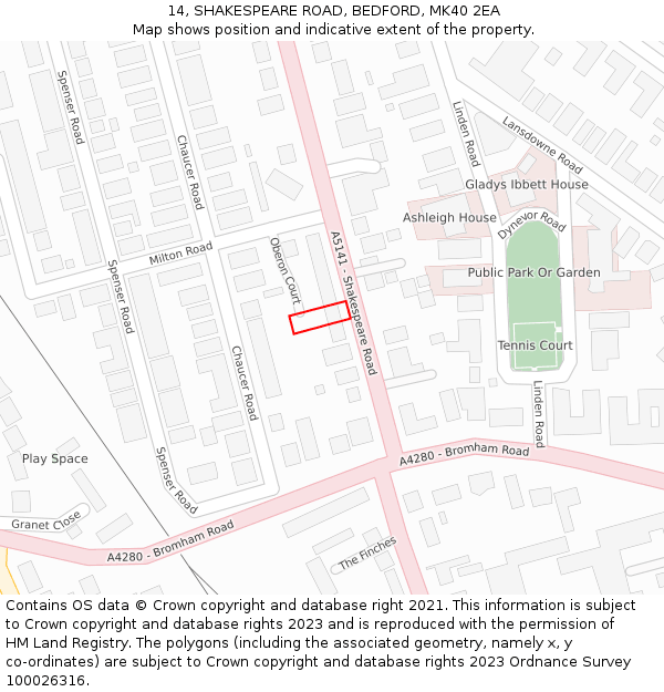 14, SHAKESPEARE ROAD, BEDFORD, MK40 2EA: Location map and indicative extent of plot