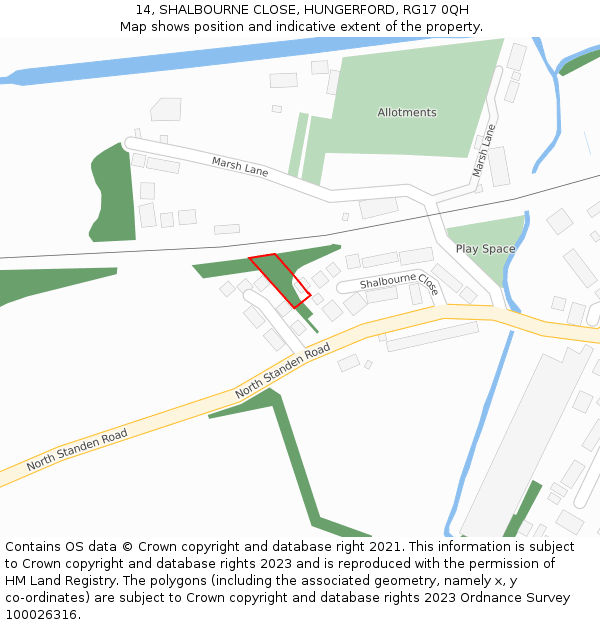 14, SHALBOURNE CLOSE, HUNGERFORD, RG17 0QH: Location map and indicative extent of plot