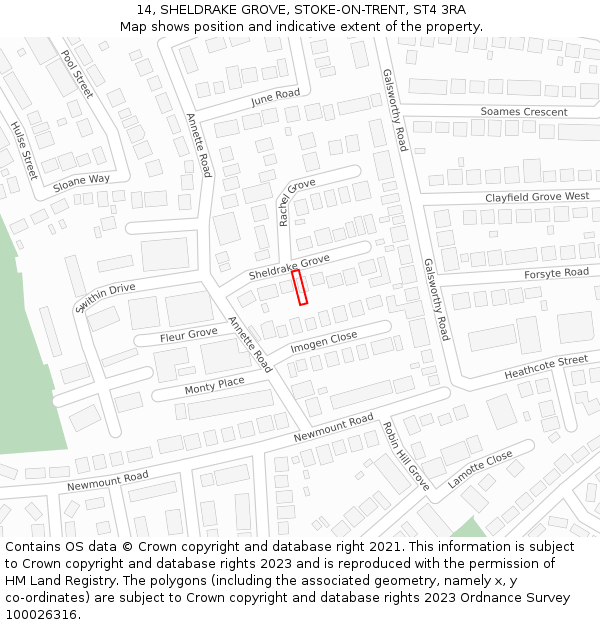 14, SHELDRAKE GROVE, STOKE-ON-TRENT, ST4 3RA: Location map and indicative extent of plot