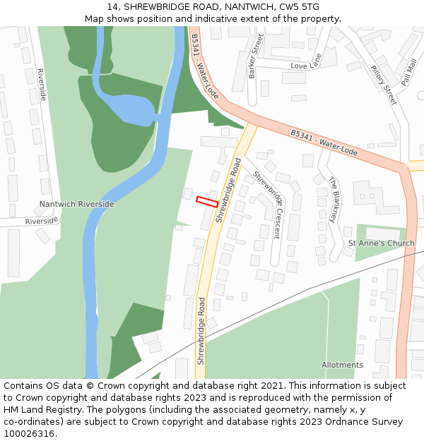 14, SHREWBRIDGE ROAD, NANTWICH, CW5 5TG: Location map and indicative extent of plot