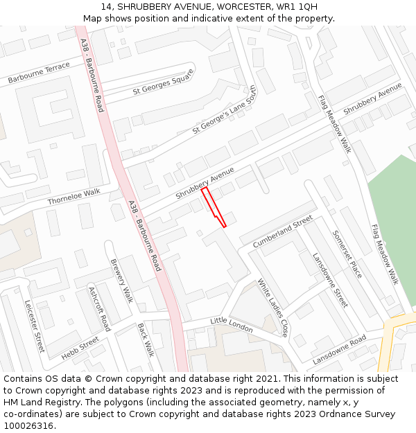 14, SHRUBBERY AVENUE, WORCESTER, WR1 1QH: Location map and indicative extent of plot