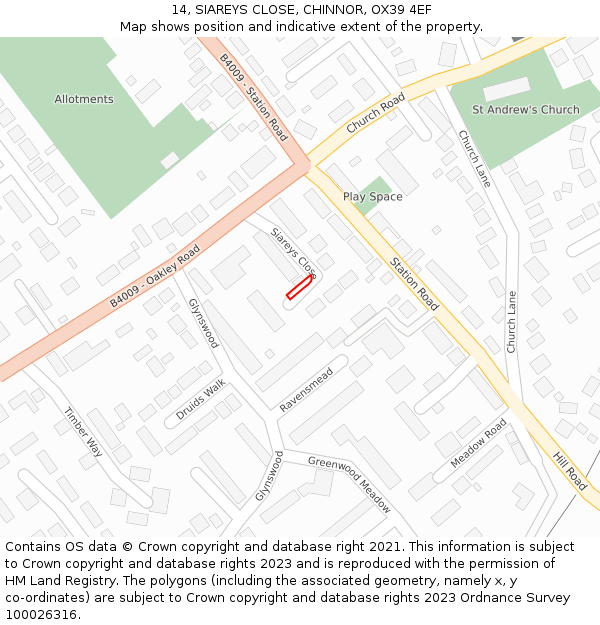 14, SIAREYS CLOSE, CHINNOR, OX39 4EF: Location map and indicative extent of plot