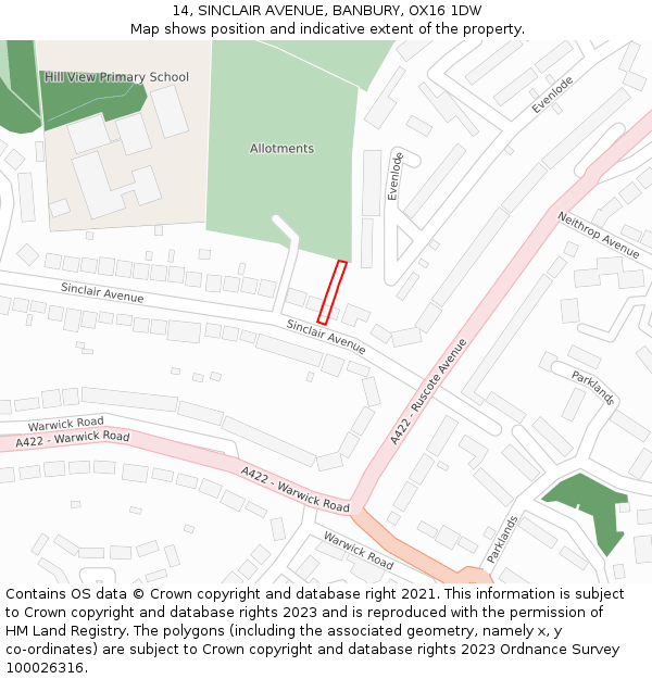 14, SINCLAIR AVENUE, BANBURY, OX16 1DW: Location map and indicative extent of plot