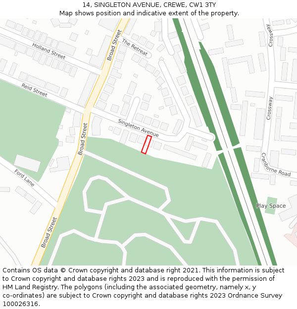 14, SINGLETON AVENUE, CREWE, CW1 3TY: Location map and indicative extent of plot