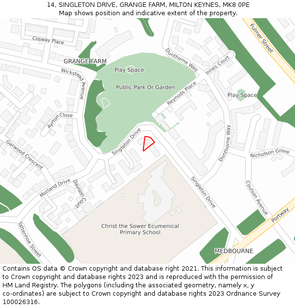 14, SINGLETON DRIVE, GRANGE FARM, MILTON KEYNES, MK8 0PE: Location map and indicative extent of plot