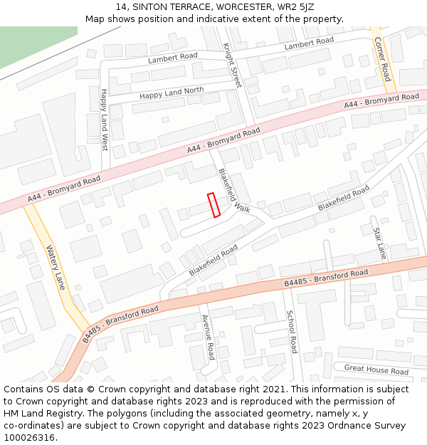 14, SINTON TERRACE, WORCESTER, WR2 5JZ: Location map and indicative extent of plot