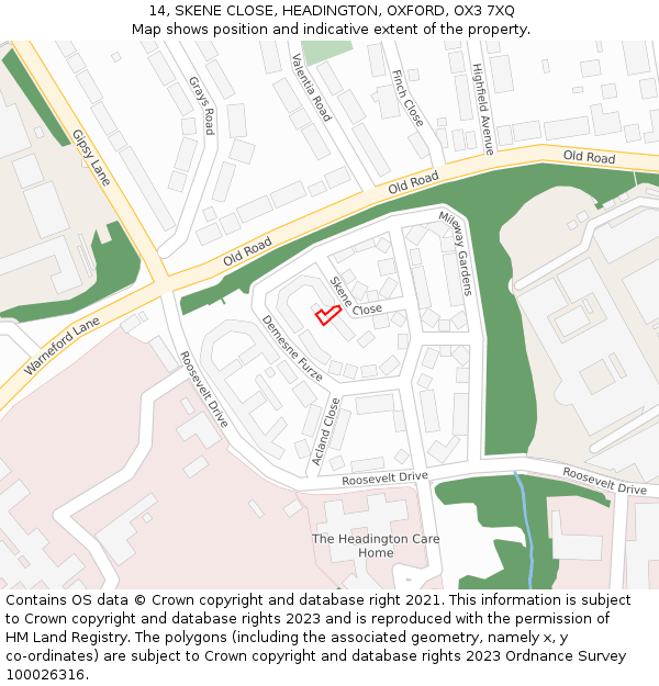 14, SKENE CLOSE, HEADINGTON, OXFORD, OX3 7XQ: Location map and indicative extent of plot