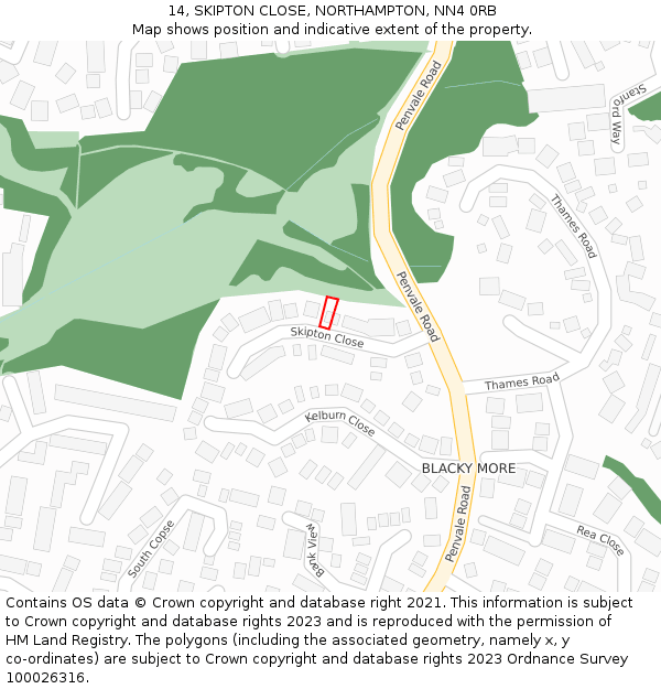 14, SKIPTON CLOSE, NORTHAMPTON, NN4 0RB: Location map and indicative extent of plot