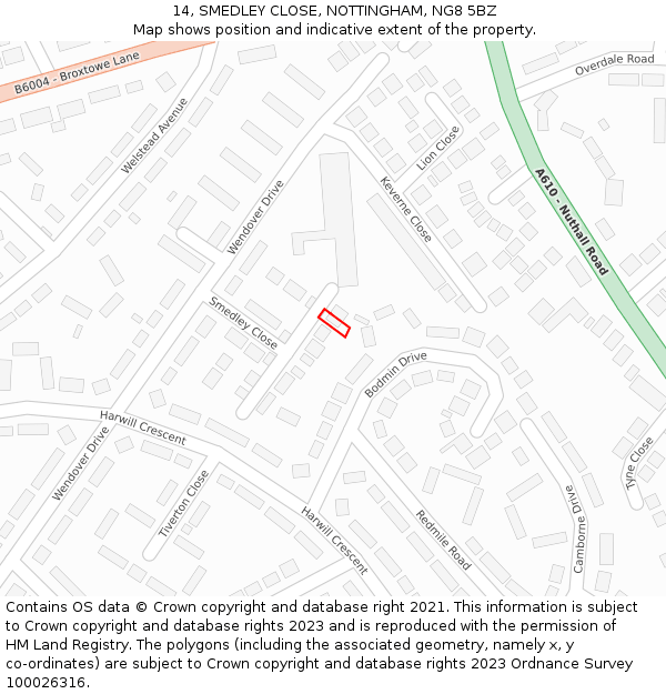 14, SMEDLEY CLOSE, NOTTINGHAM, NG8 5BZ: Location map and indicative extent of plot