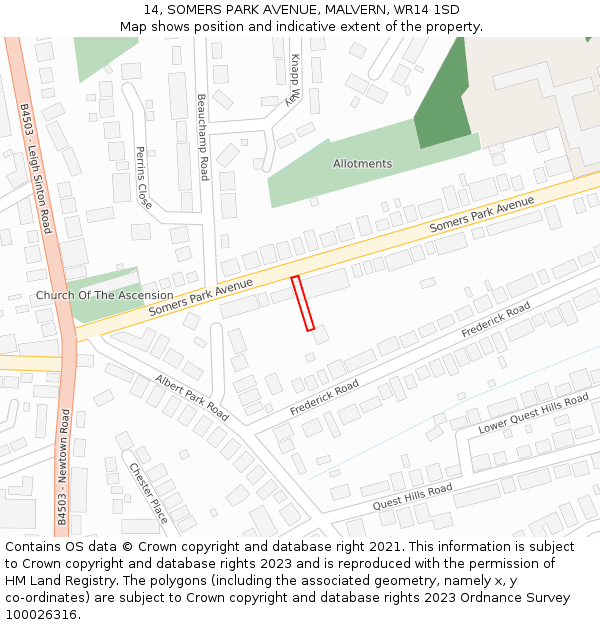 14, SOMERS PARK AVENUE, MALVERN, WR14 1SD: Location map and indicative extent of plot