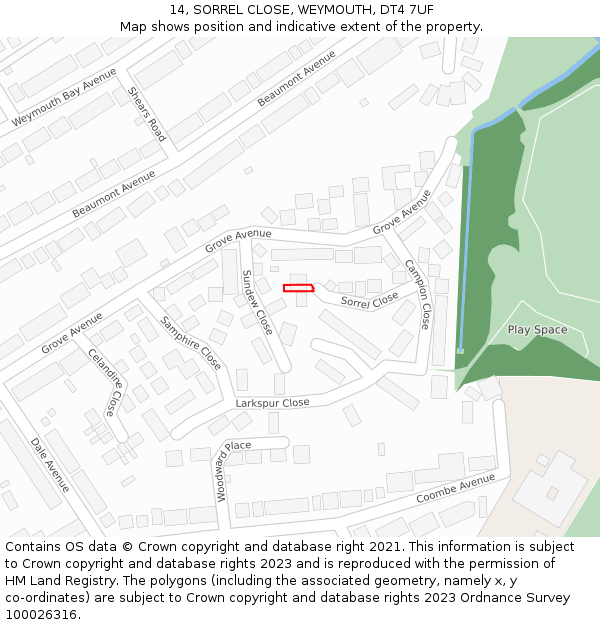 14, SORREL CLOSE, WEYMOUTH, DT4 7UF: Location map and indicative extent of plot