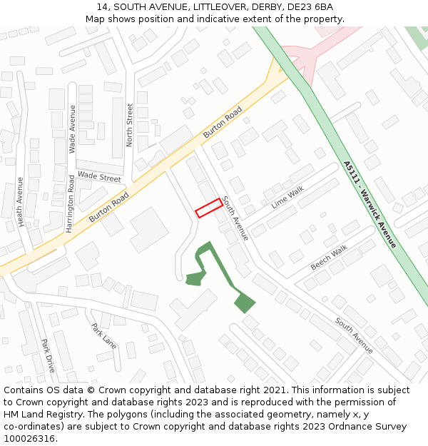 14, SOUTH AVENUE, LITTLEOVER, DERBY, DE23 6BA: Location map and indicative extent of plot