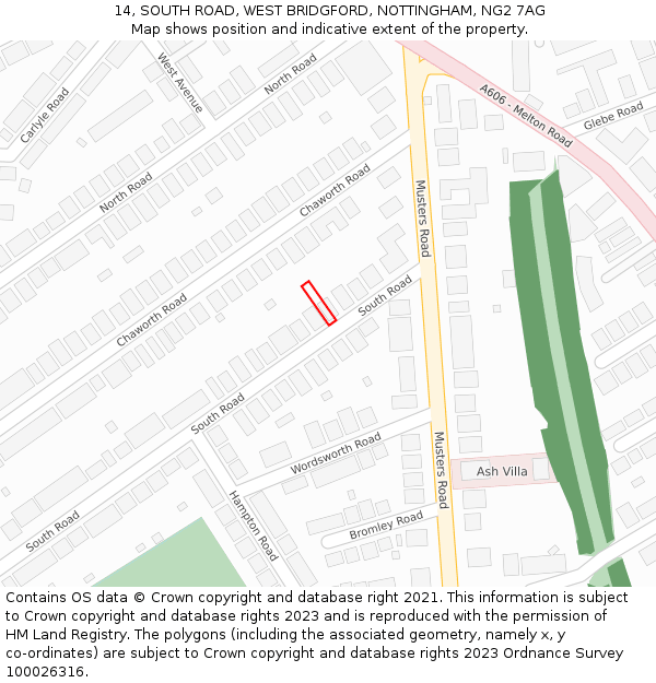 14, SOUTH ROAD, WEST BRIDGFORD, NOTTINGHAM, NG2 7AG: Location map and indicative extent of plot