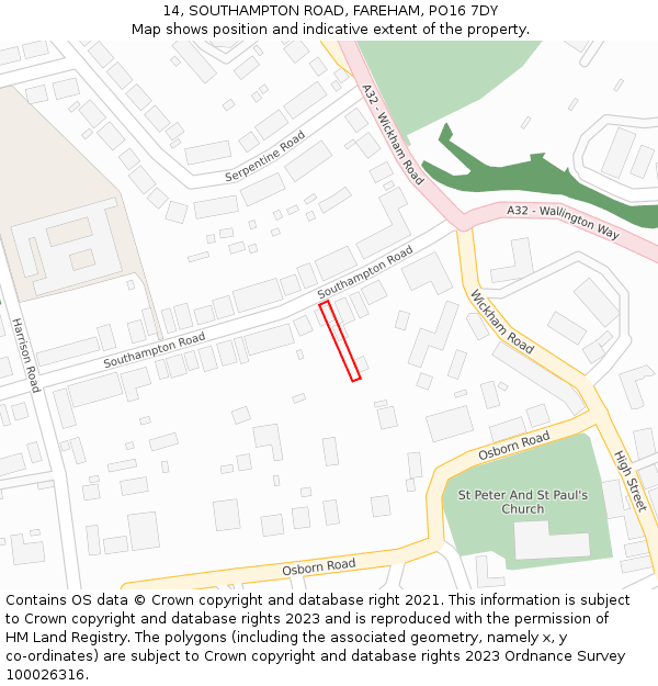 14, SOUTHAMPTON ROAD, FAREHAM, PO16 7DY: Location map and indicative extent of plot