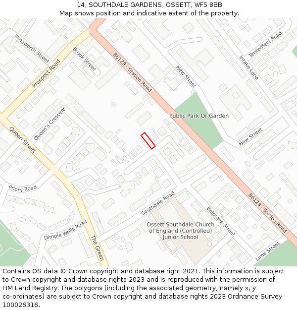 14, SOUTHDALE GARDENS, OSSETT, WF5 8BB: Location map and indicative extent of plot